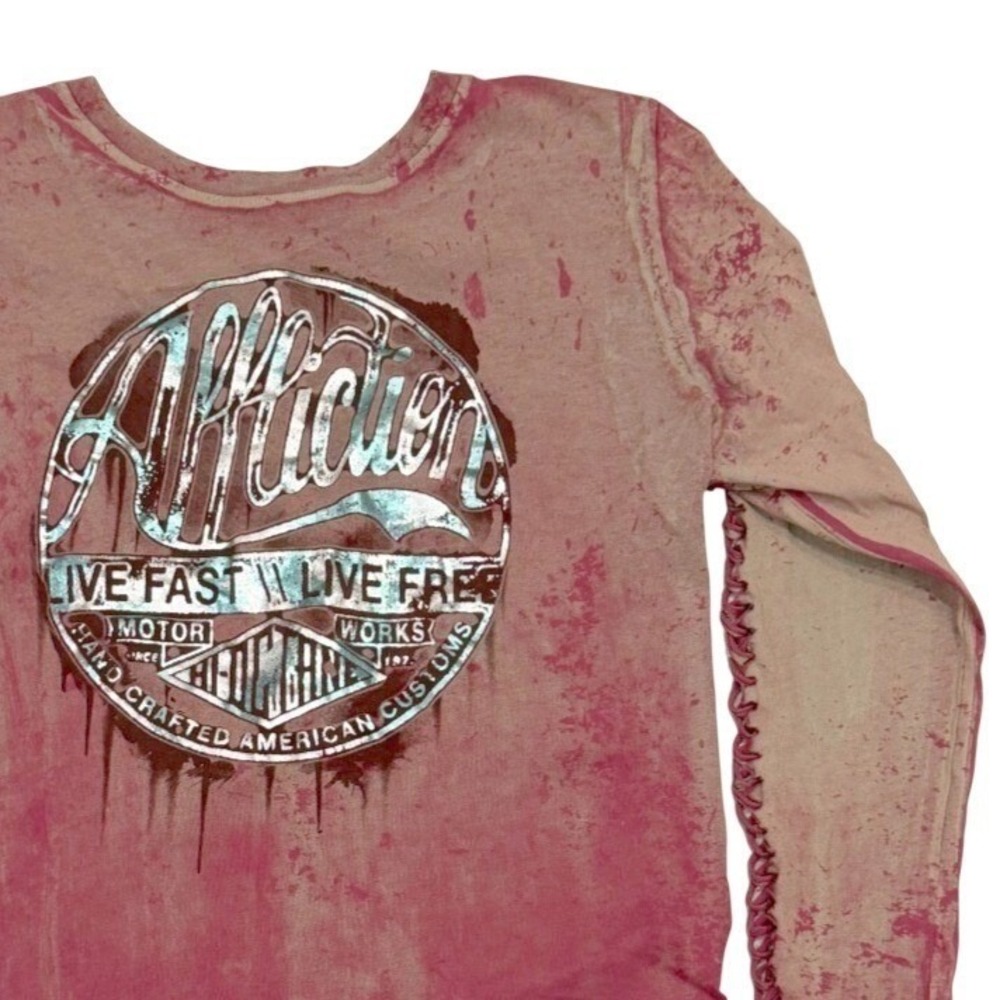 Affliction Womens XL Pink Graphic Lace Up Cutout Shirt Y2K McBling Biker Moto